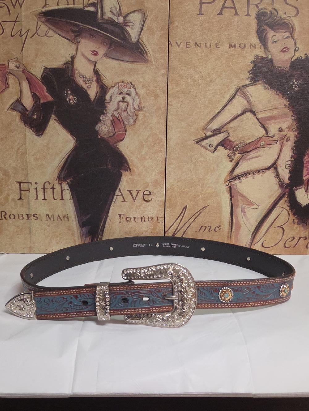 Nocona Western Rhinestone Buckle Leather Belt - Blue/Tan
